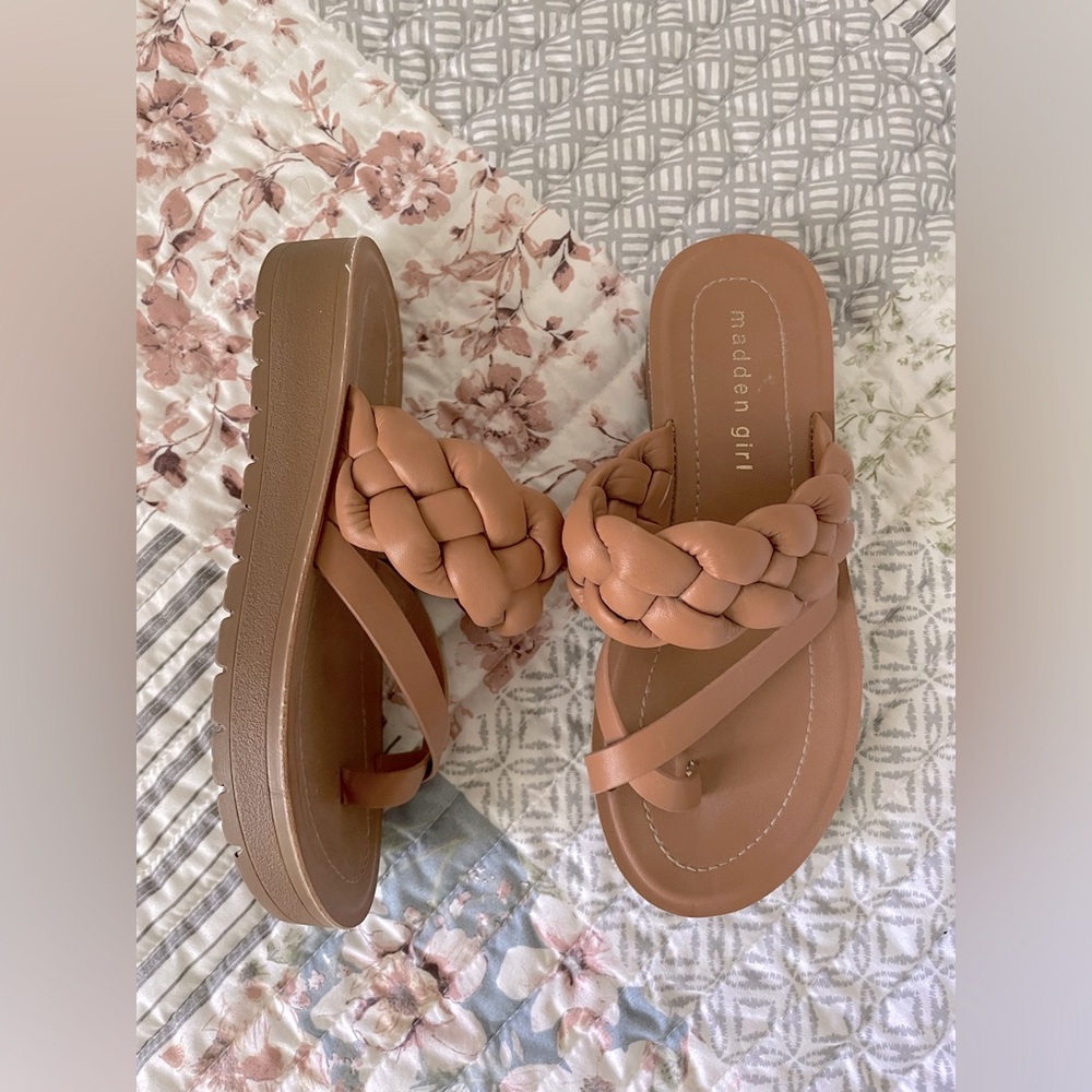 Madden Girl braided strappy slide sandal brown cognac